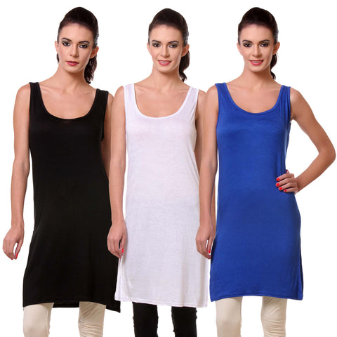 TeeMoods Women's Chemise Full Slips- Pack of Three-Black, White and Blue