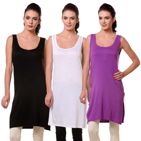TeeMoods Womens Chemise Full Slip- Pack of Three-Black, White and Purple