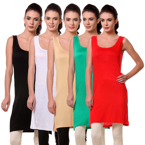 Womens Chemise Full Slip- Pack of Five-Black, White, Skin, Green n Red