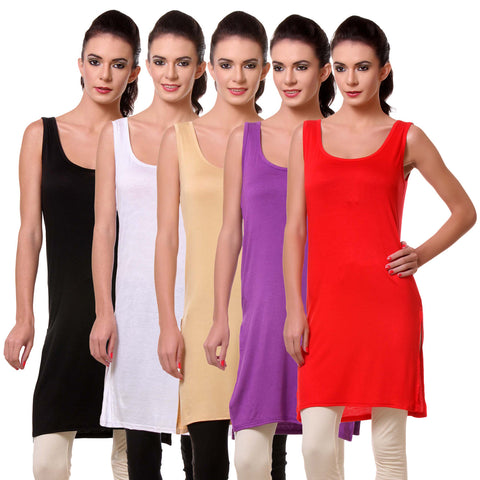 Womens Chemise Full Slip- Pack of Five-Black, White, Skin, Purple n Red