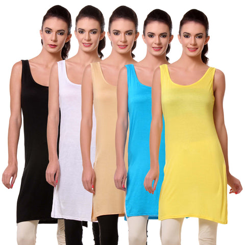 Teemoods Womens Chemise Full Slip- Pack of Five-Black, White, Skin, Blue n Yellow