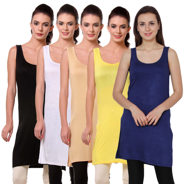 TeeMoods Womens Chemise Full Slip- Pack of Five-Black, White, Skin, Yellow n Navy
