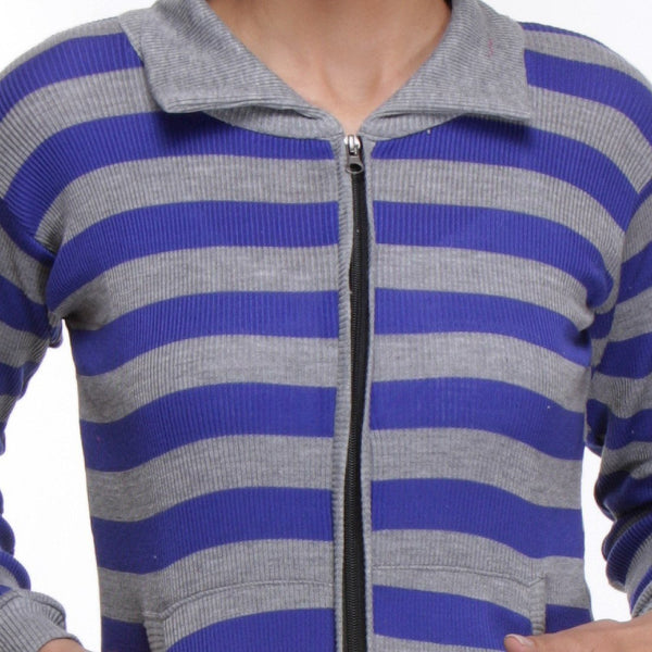 TeeMoods Front Open, Zippered Full Sleeves Blue Top-4