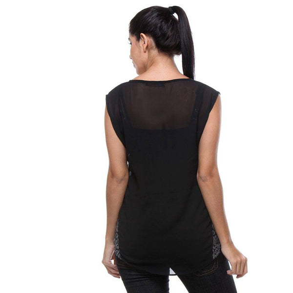 TeeMoods Printed Black Georgette Women's Top-Back
