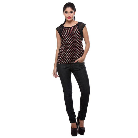 TeeMoods Printed Red and Black Georgette Women's Top-Full Front View