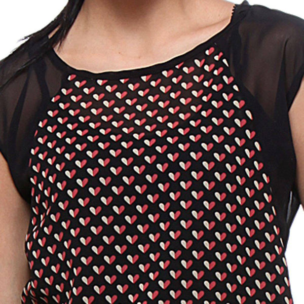 Printed Red and Black Georgette Women's Top-Heart Print