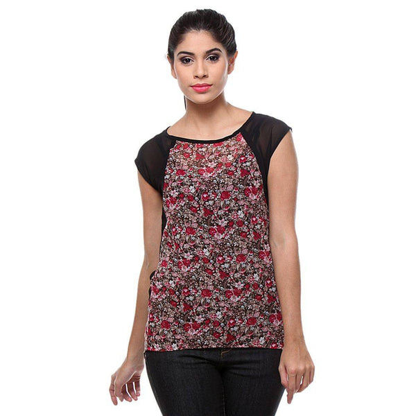 Red Floral Print Georgette Women's Top-Front