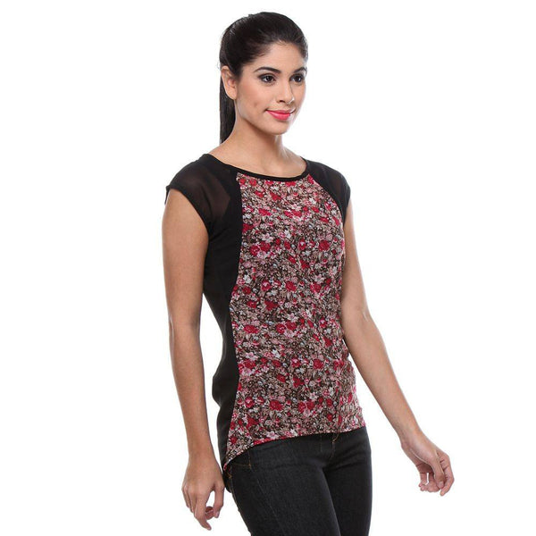 Red Floral Print Georgette Women's Top-Side