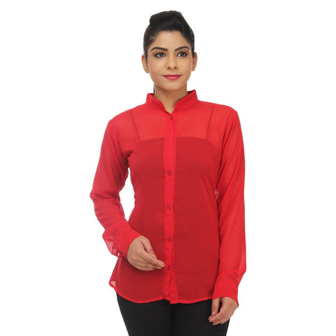 TeeMoods Solid Formal Red Georgette Shirt