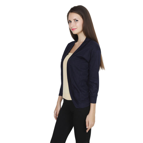 Side pose of Teemoods Womens Cotton 3/4th Sleeves Navy Blue Shrug, Summer Shrug for Ladies