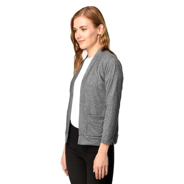 Teemoods Women's Cotton Full Sleeves Grey Shrug with Pocket-Side pose
