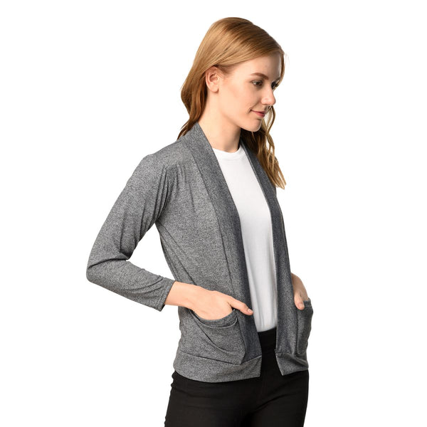 Teemoods Women's Cotton Full Sleeves Grey Shrug with Pocket-Side pose2