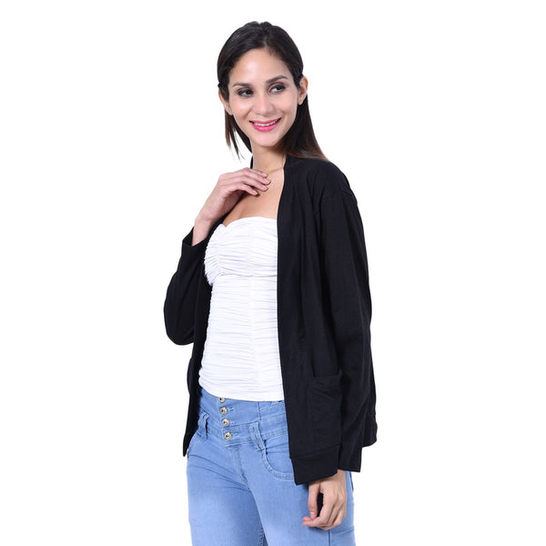 TeeMoods Cotton Full Sleeves Black Shrug with pockets-side image 2