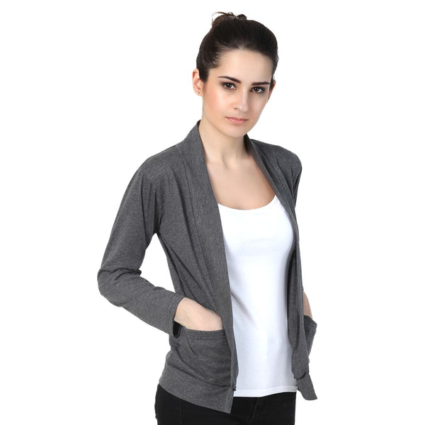 Buy Teemoods Women's Cotton Full Sleeves Dark GreyShrug with Pocket, Side pose