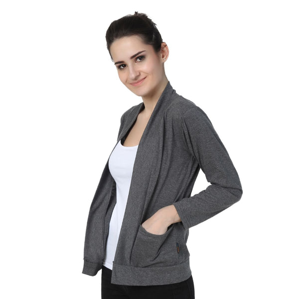 Buy Teemoods Women's Cotton Full Sleeves Dark GreyShrug with Pocket, side pose 2