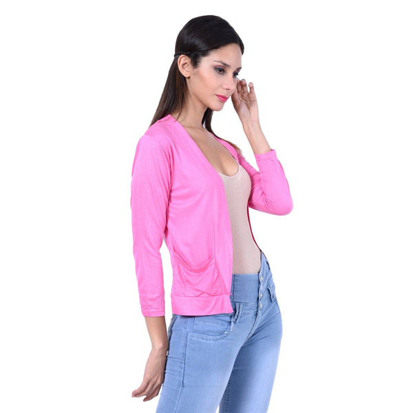 Teemoods Women's Cotton Full Sleeves Pink Shrug with Pocket-Side