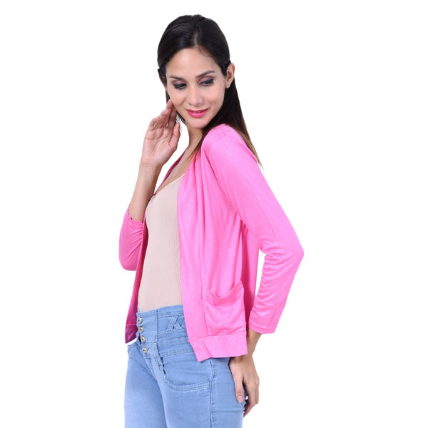Teemoods Women's Cotton Full Sleeves Pink Shrug with Pocket-side2