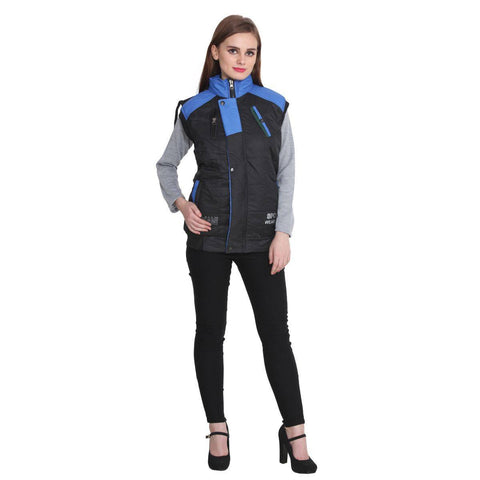 TeeMoods Sleeveless Black and Blue Winter Jacket  for Women