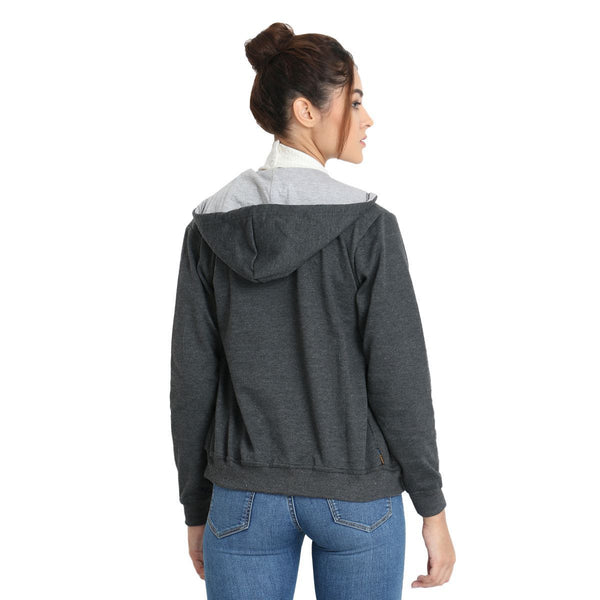 Back side of Model wearing TeeMoods women's fleece Dark Grey hoodie showing the hood with contrast lining
