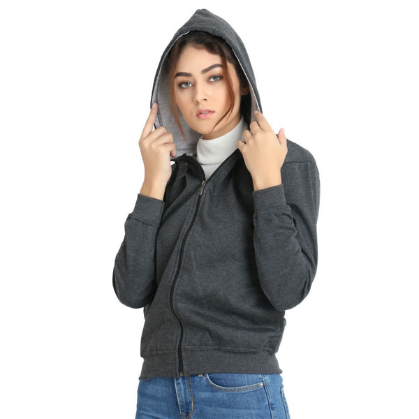 Back side of Model wearing TeeMoods women's fleece Dark Grey hoodie showing the hood with contrast lining