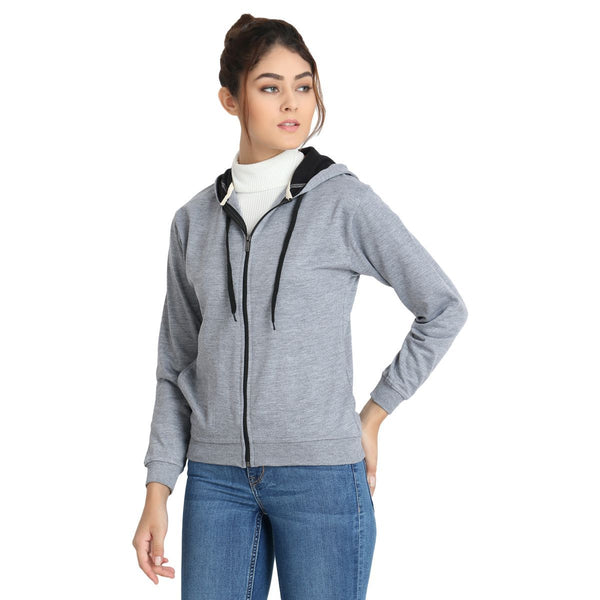 Side View of model wearing Teemoods Womens Fleece Full Zip light grey Hoodie, with left hand on hip