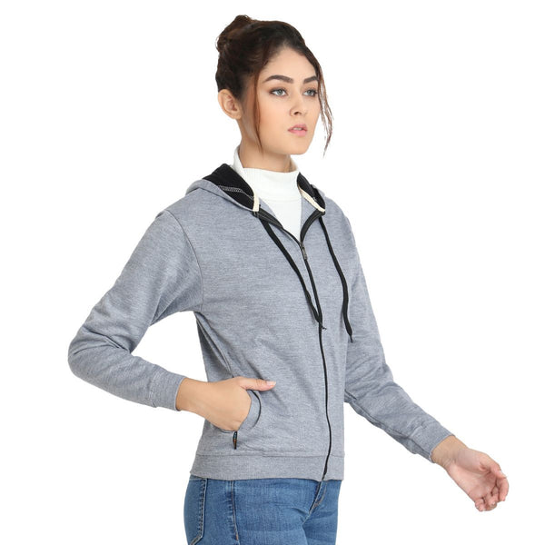 Side View of model wearing Teemoods Womens Fleece Full Zip Navy Blue Hoodie, with right hand in pocket