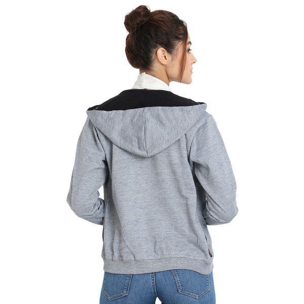 Back view of Temmods Womens Grey Hoodie showing the contrast lining of the hood.