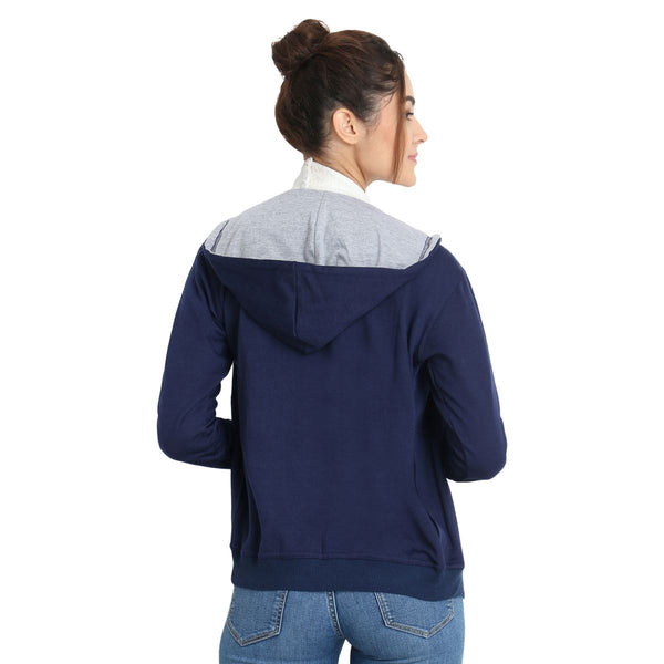 Frontal image of model wearing Teemoods Womens Fleece Full Zip Navy Blue Hoodie