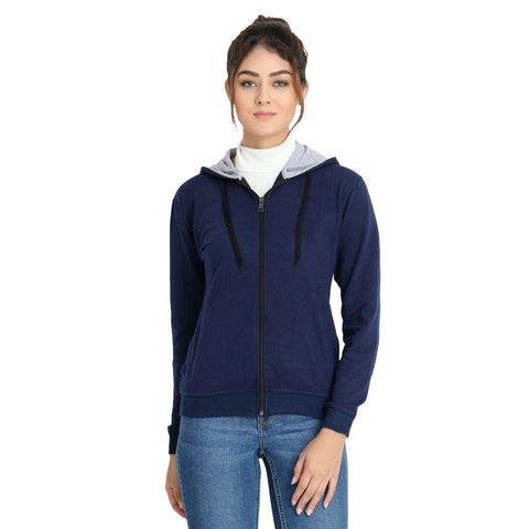 Frontal image of model wearing Teemoods Womens Fleece Full Zip Navy Blue Hoodie