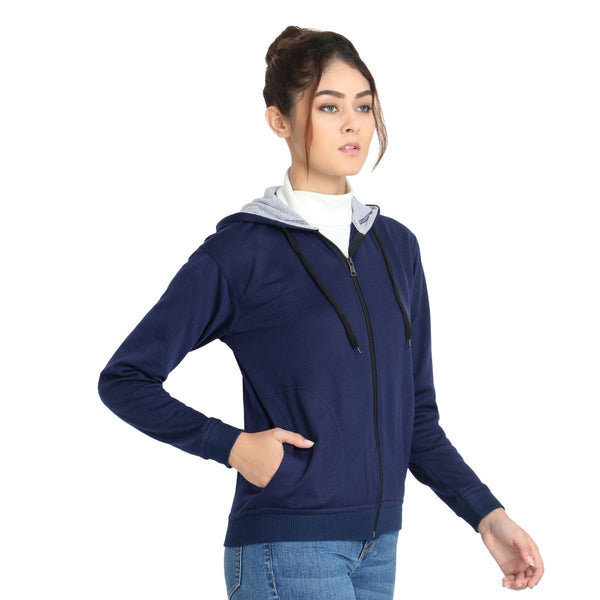 Side View of model wearing Teemoods Womens Fleece Full Zip Navy Blue Hoodie, with hand in pocket