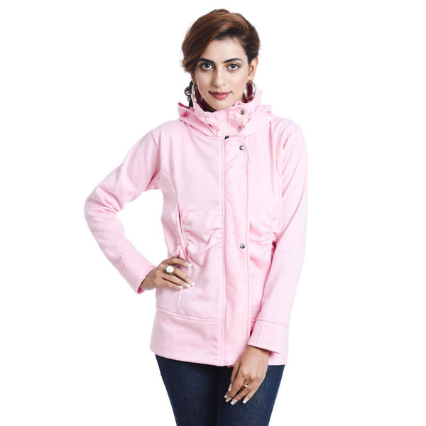 TeeMoods Stylish Pink Hooded Flap Zipper SweatShirt-front