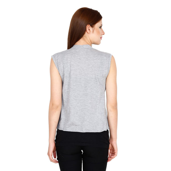 TeeMoods Women's Cotton Sleeveless Light Grey Waterfall Shrug, back image