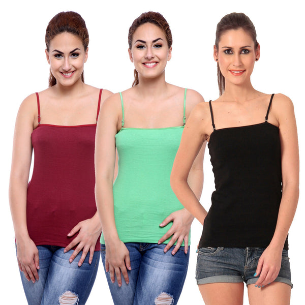 TeeMoods Women's Pack of Three Camisoles- Black, Green and Maroon