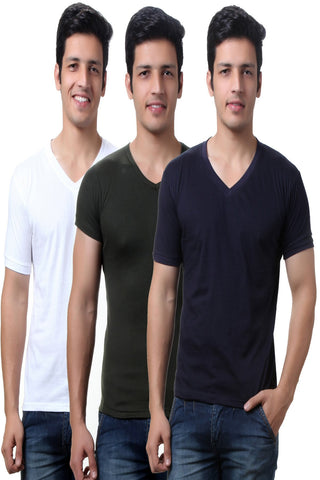 Solid White, Dark Green and Navy Men's V Neck T Shirts -Pack of Three