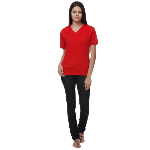 TeeMoods Basic Red Womens V Neck Tee Full Front View