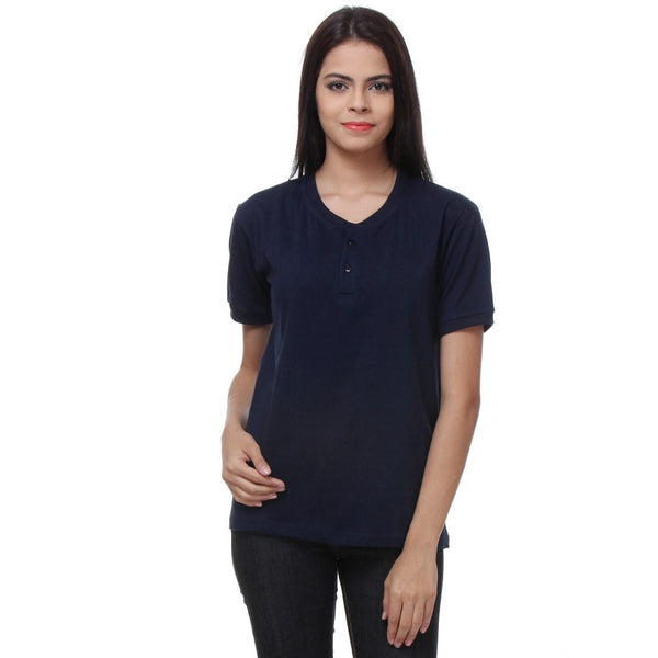 TeeMoods Basic Navy Womens Henley Front View