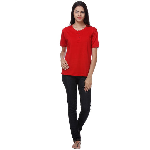 TeeMoods Basic Red Womens Henley Full Front View