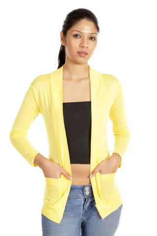 Teemoods women's cotton full sleeves yellow shrug with pocket