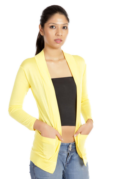Teemoods women's cotton full sleeves yellow shrug with pocket. Made of cotton sinker. (Side)